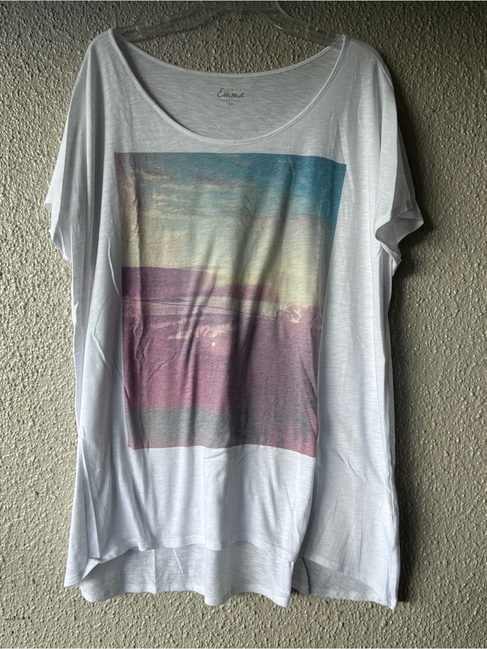 Simply Emma White Scoop Neck Graphic Beach Tee with Pastel Print 2X